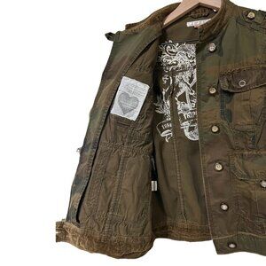 Triple Five Soul Women's Camo Jacket L Y2K Graphic Velour Trim Utility Style